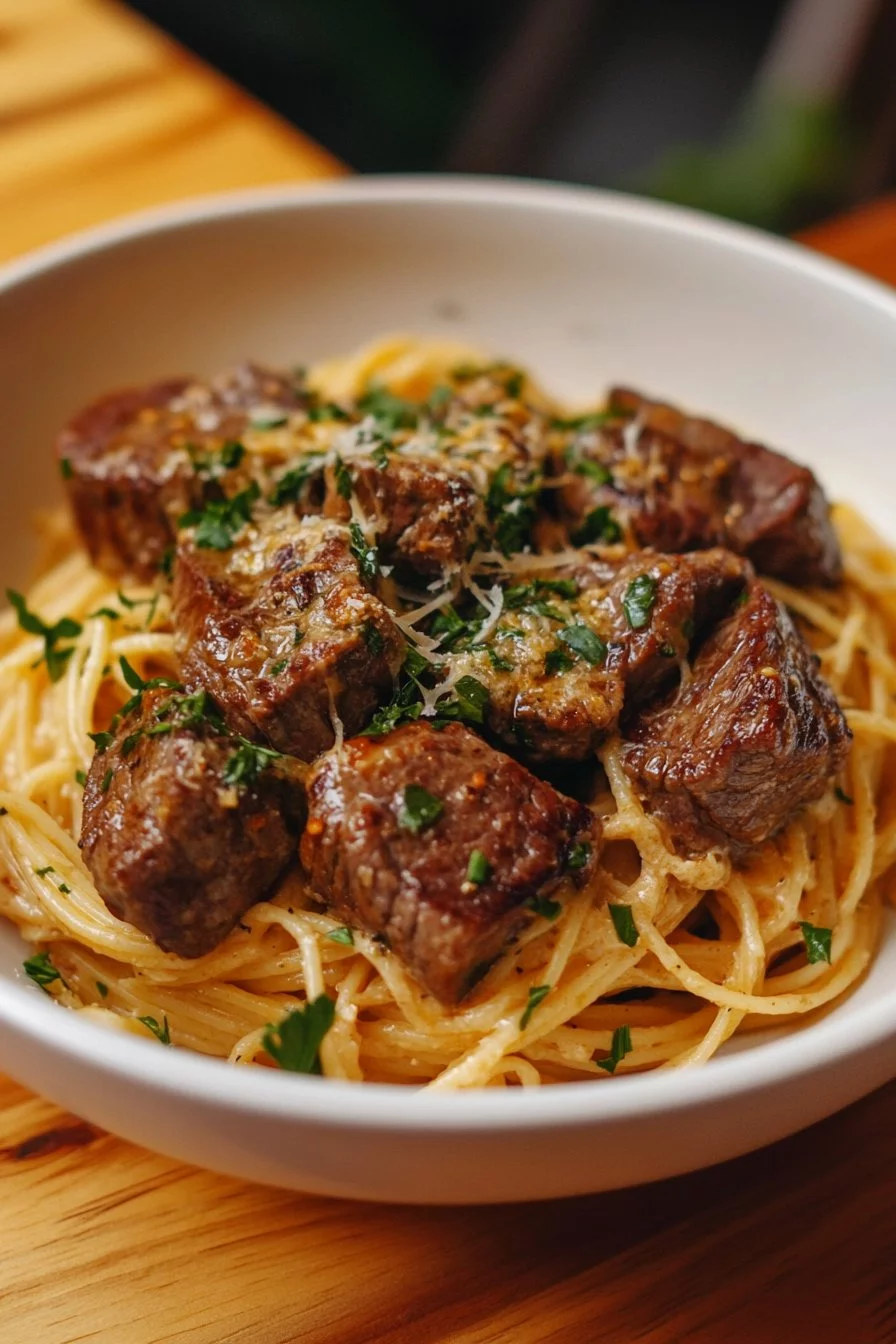 Beef Bites in Garlic with Creamy Pasta