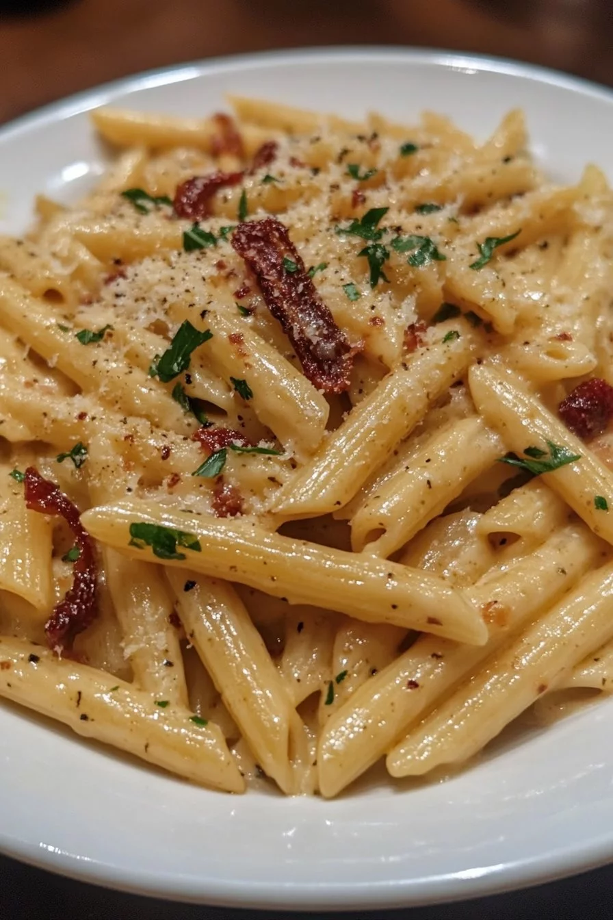 Penne Alfredo with Bacon and Sun-Dried Tomato