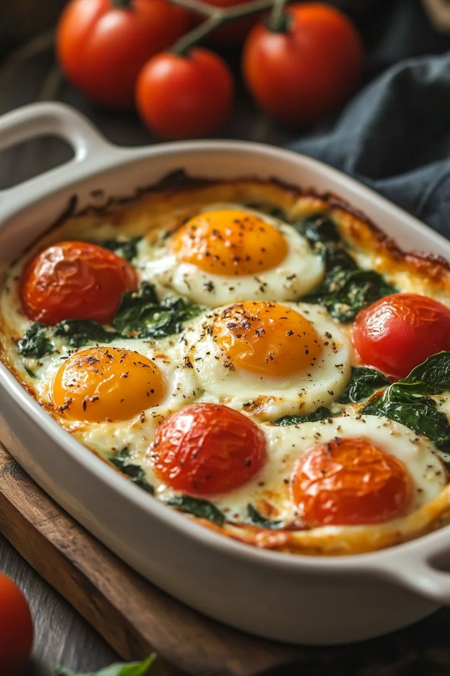Baked Feta Eggs with Tomatoes and Spinach