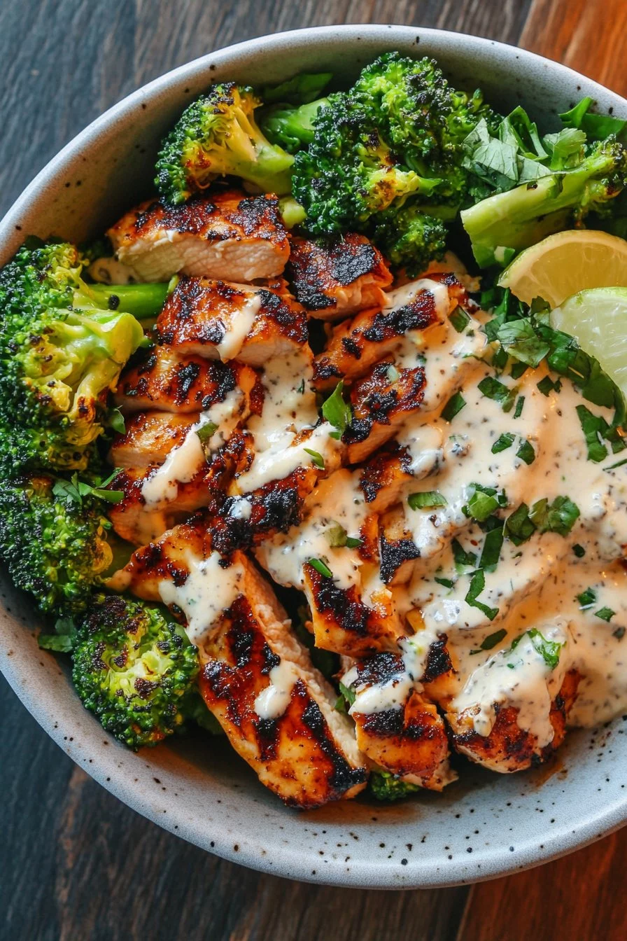 Grilled Chicken and Broccoli Bowls with Creamy Garlic Sauce