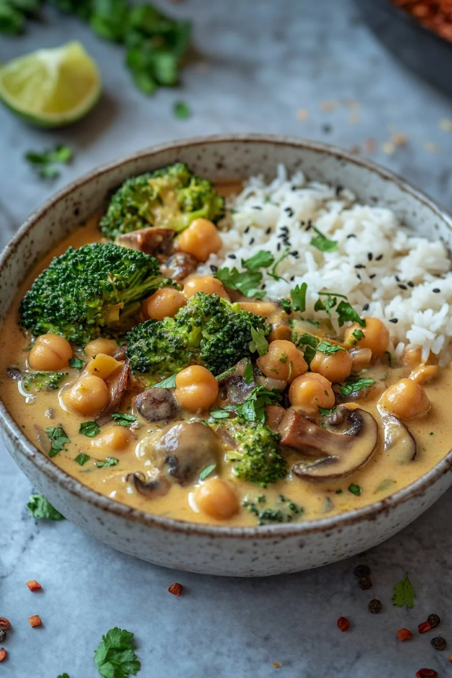 Curry of Broccoli, Chickpeas and Mushrooms in Coconut Milk