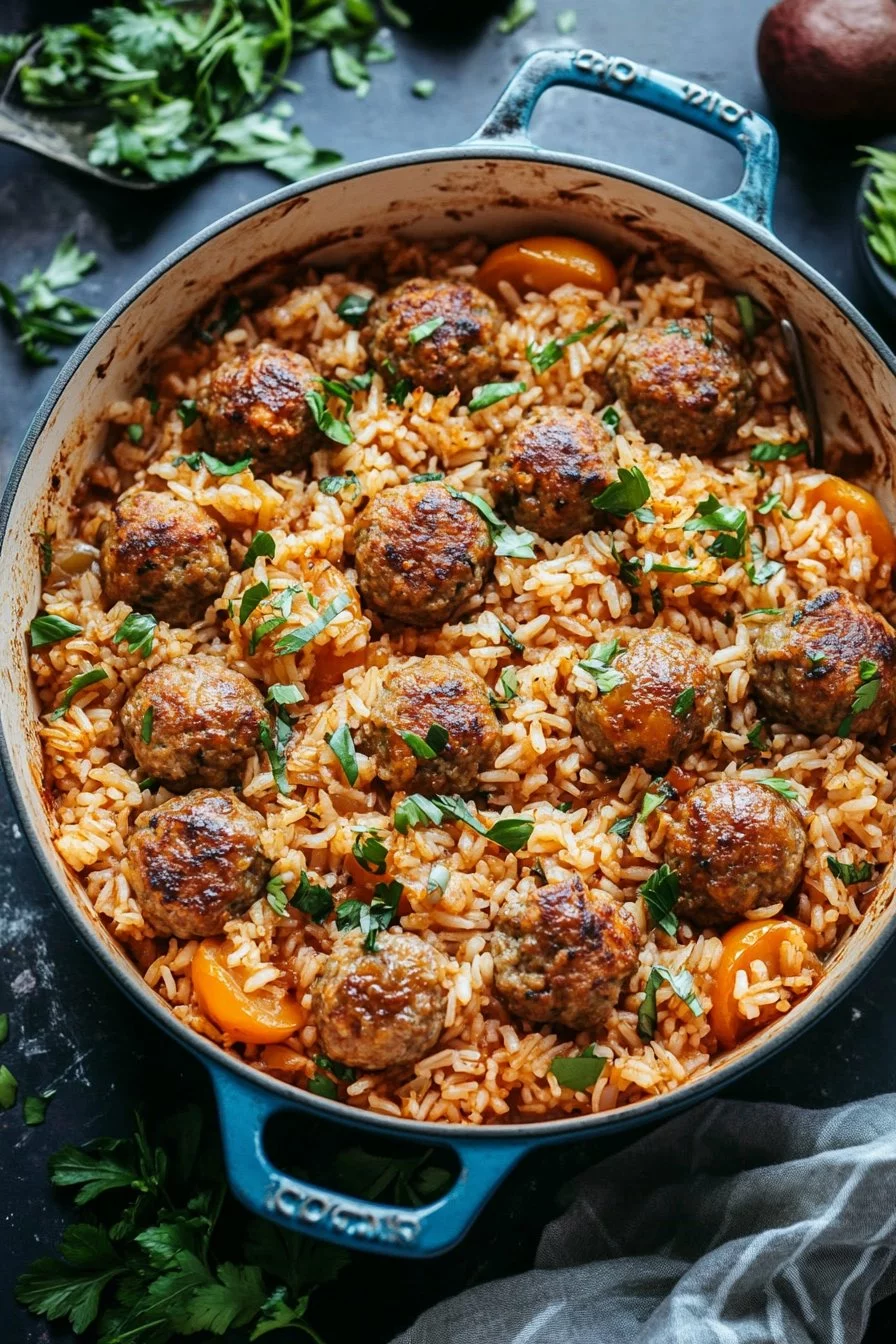 Honey Garlic Meatball Rice Bake