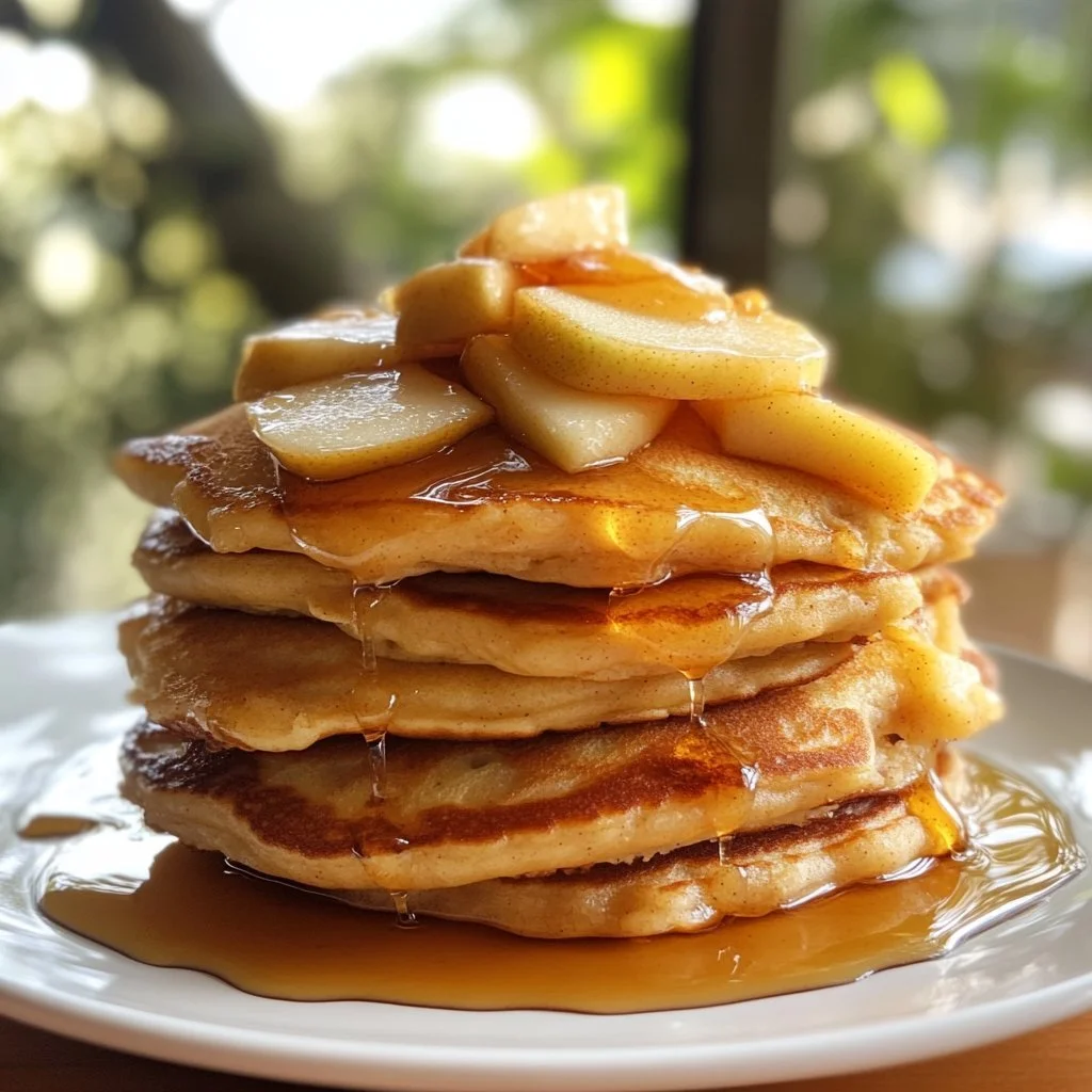 Delicious Apple Cinnamon Pancakes topped with fresh apples and cinnamon syrup