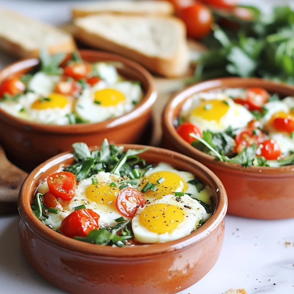 Baked feta eggs with tomatoes and spinach served in a rustic dish