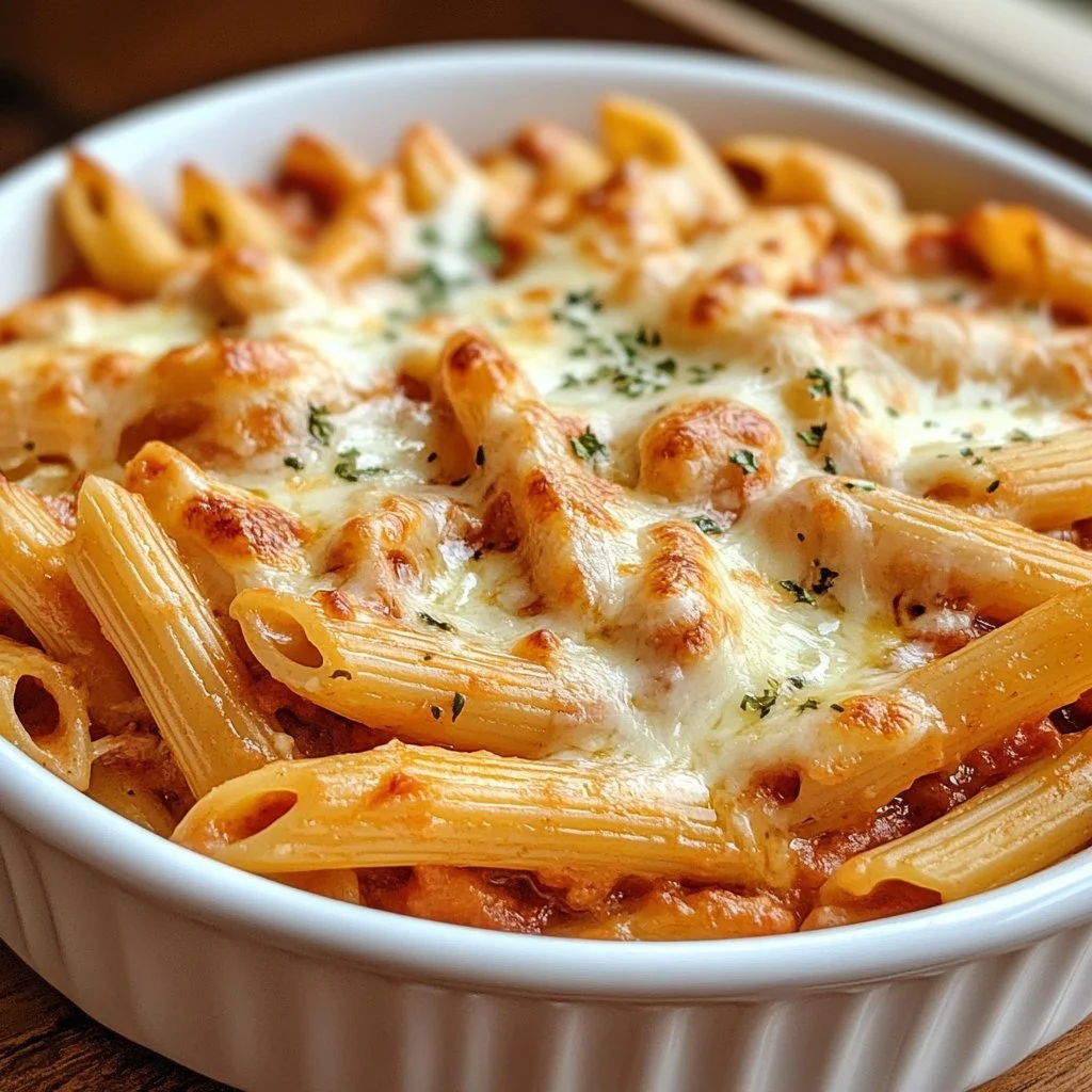 Delicious baked penne dish with melted cheese and pasta