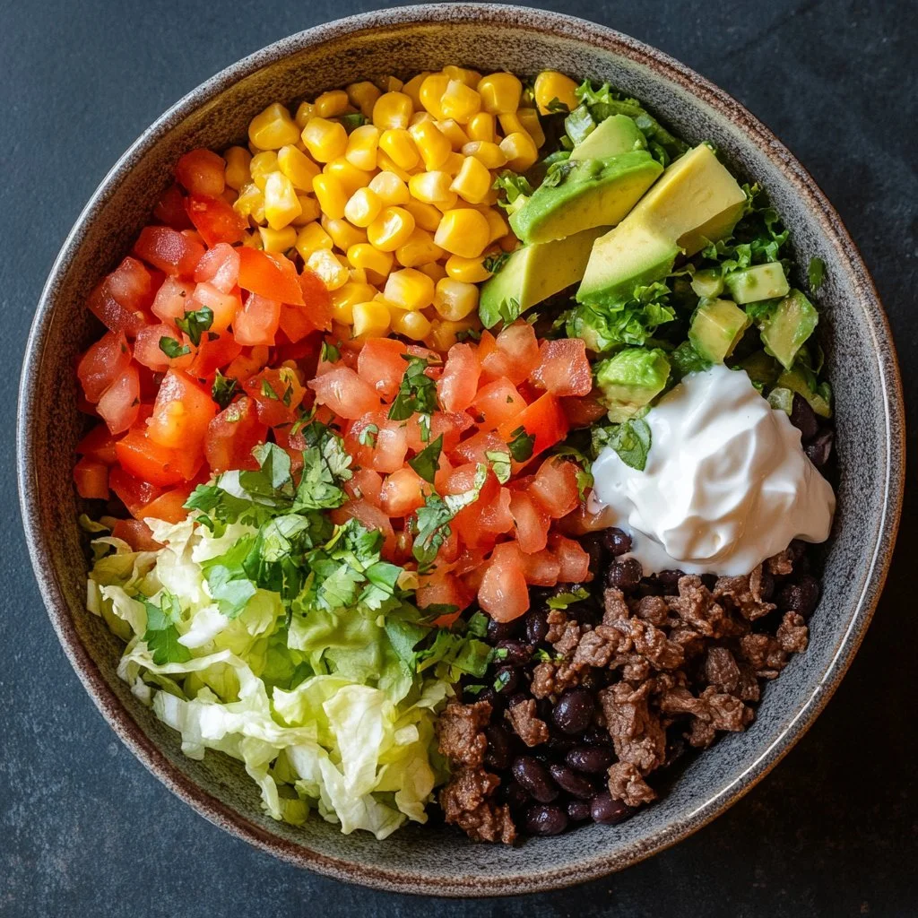 Delicious beef and bean burrito bowl with fresh toppings