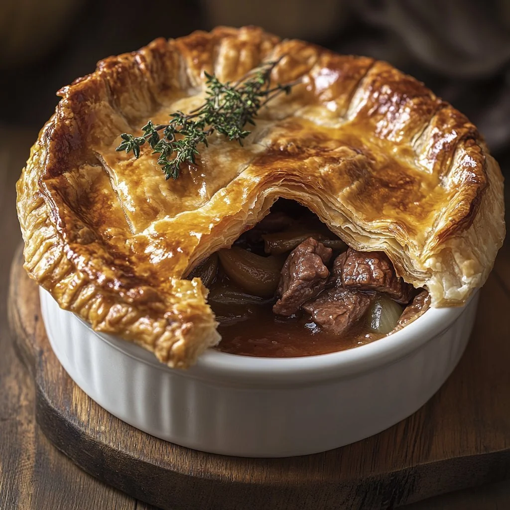 Delicious homemade Beef and Onion Pie served on a plate