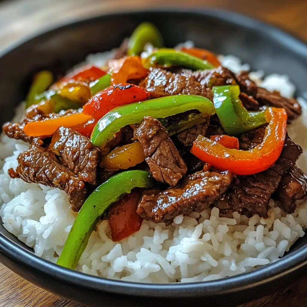 Delicious beef and pepper rice bowls garnished with fresh herbs