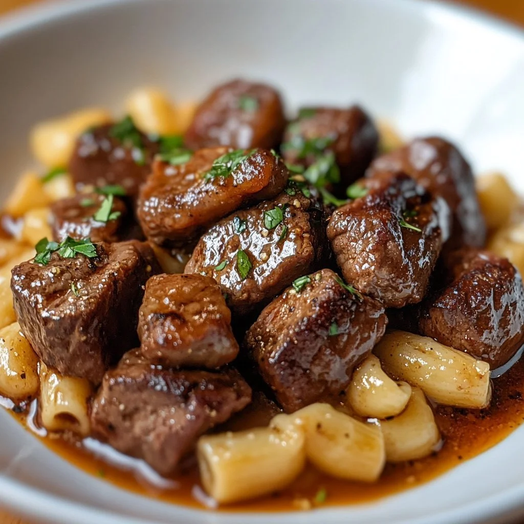 Delicious beef bites in garlic served with creamy pasta