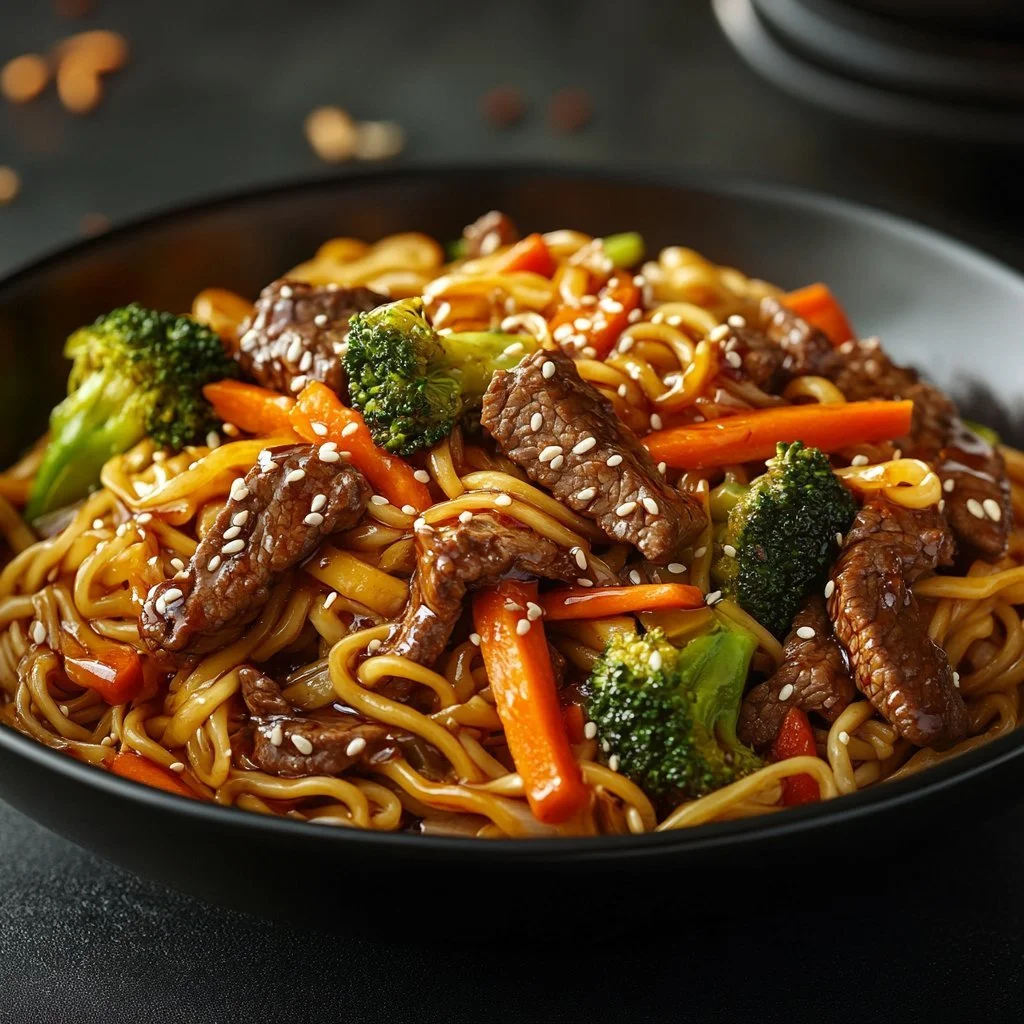 A delicious plate of Beef Lo Mein with tender beef and colourful vegetables.