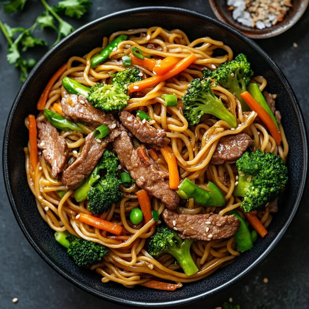 Delicious Beef Lo Mein with stir-fried noodles and tender beef