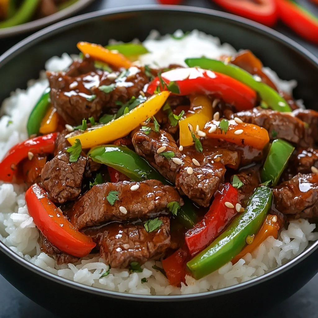 Delicious beef sauté with vibrant vegetables in a skillet