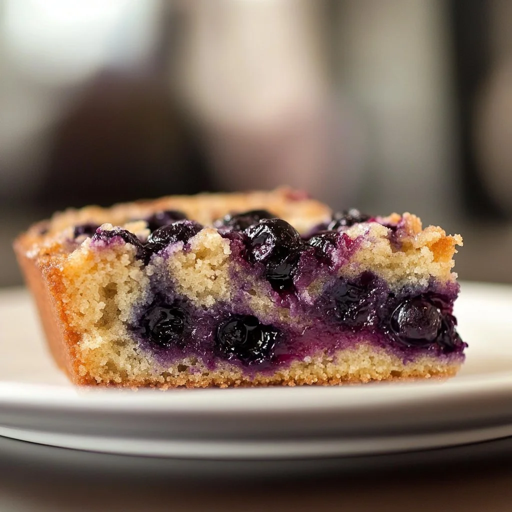 Slices of blueberry breakfast cake on a plate with fresh blueberries