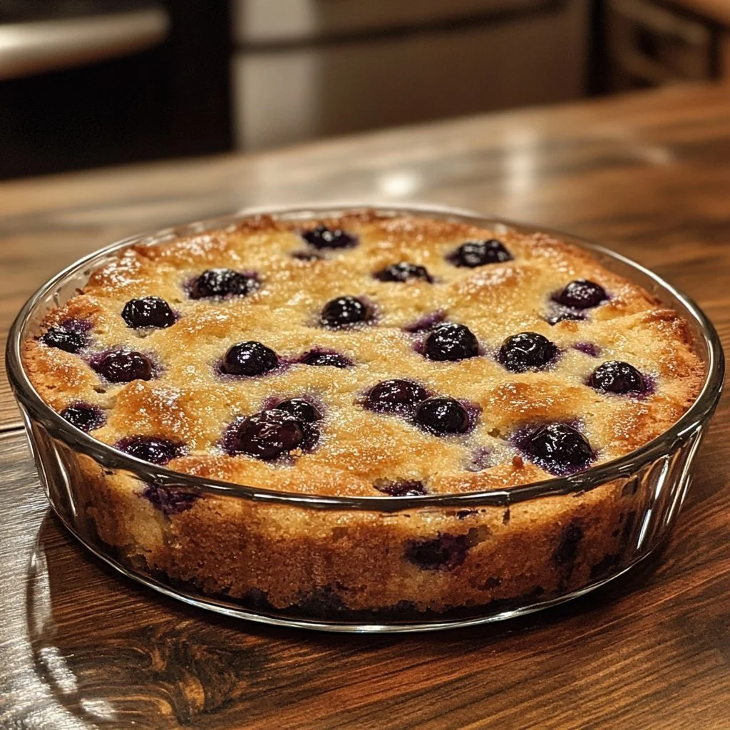 Slice of blueberry breakfast cake on a white plate with fresh blueberries