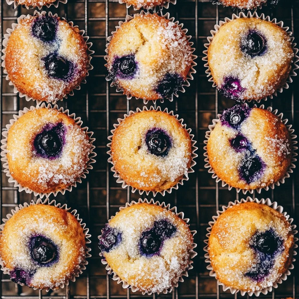 Freshly baked blueberry buttermilk muffins on a cooling rack