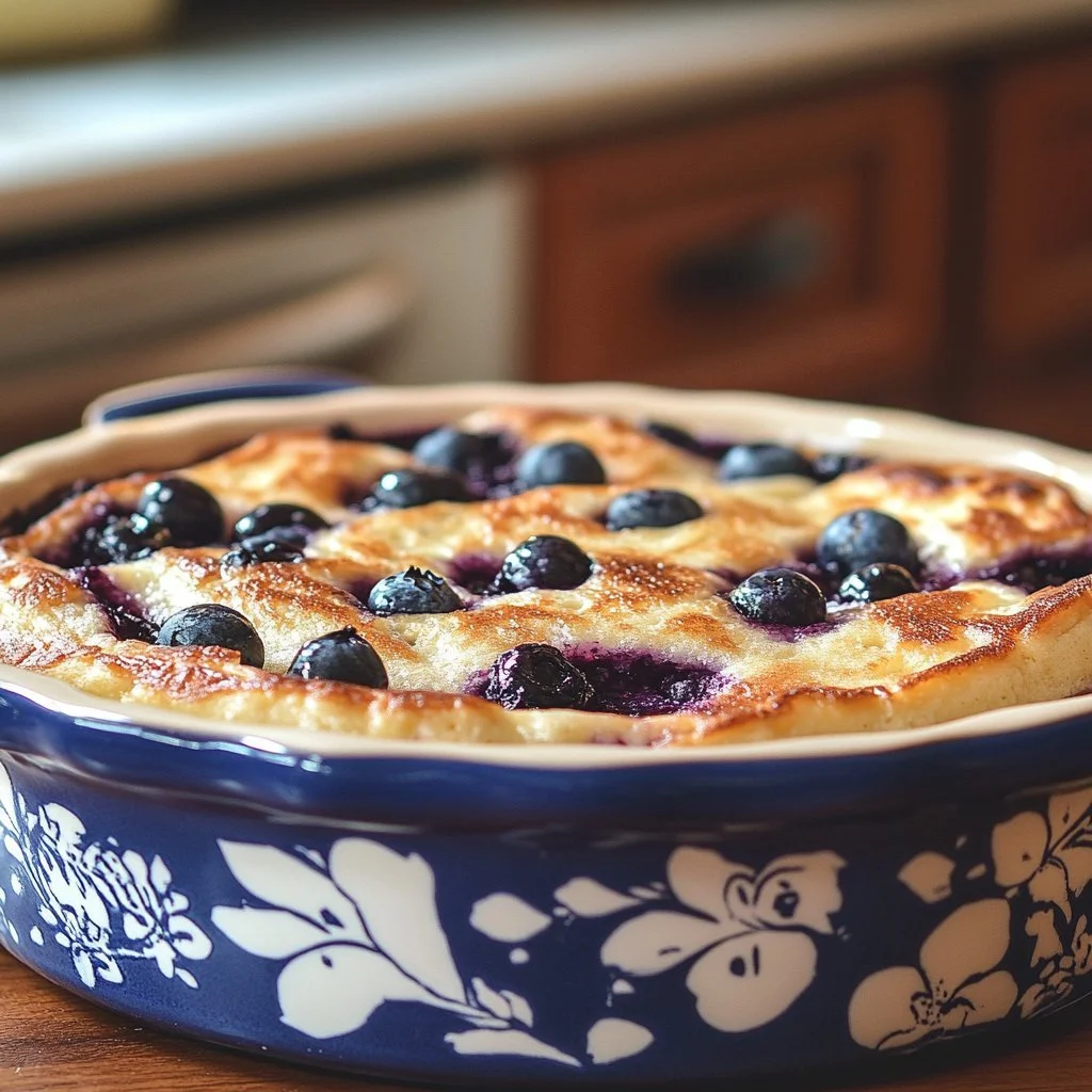 Freshly baked blueberry buttermilk pancakes topped with syrup and blueberries.