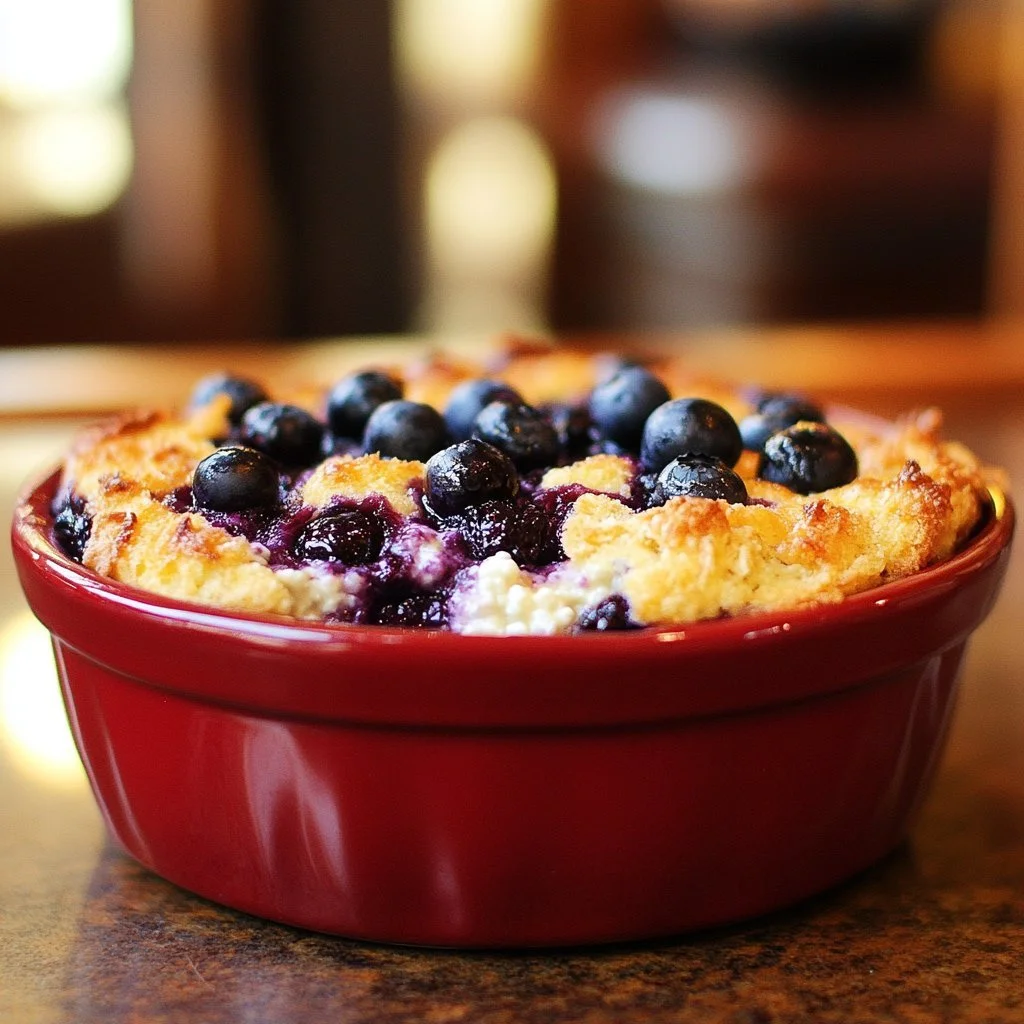 Blueberry cottage cheese breakfast bake with fresh blueberries and a golden topping