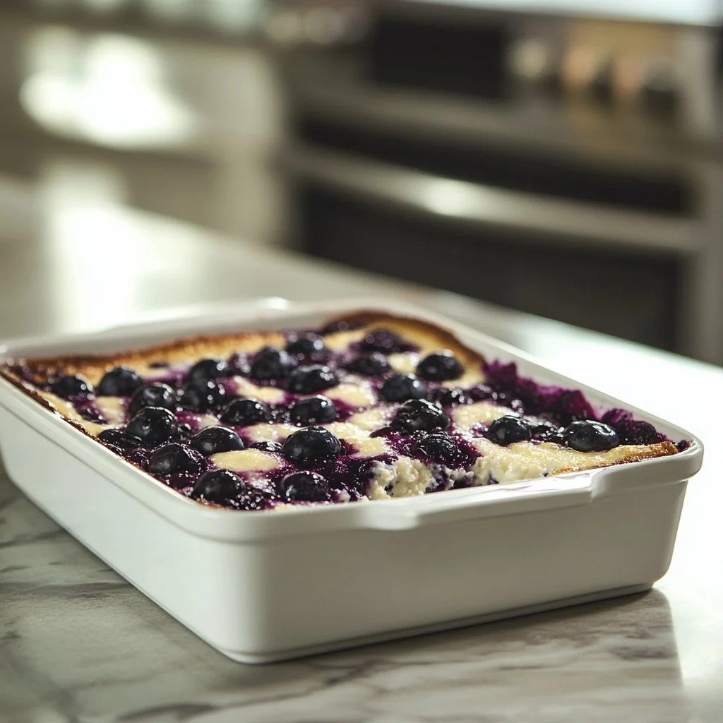 Blueberry cottage cheese breakfast bake served on a plate with fresh blueberries