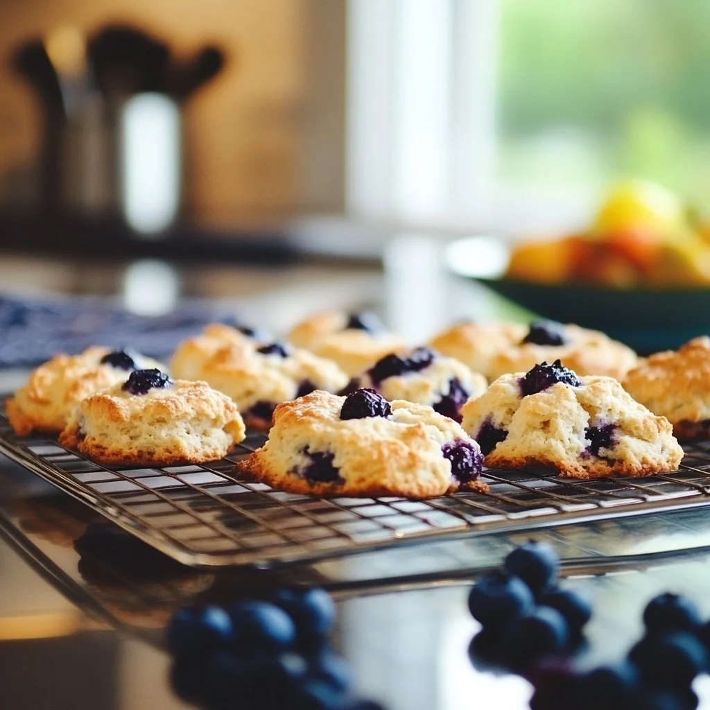 Freshly baked blueberry drop scones on a plate