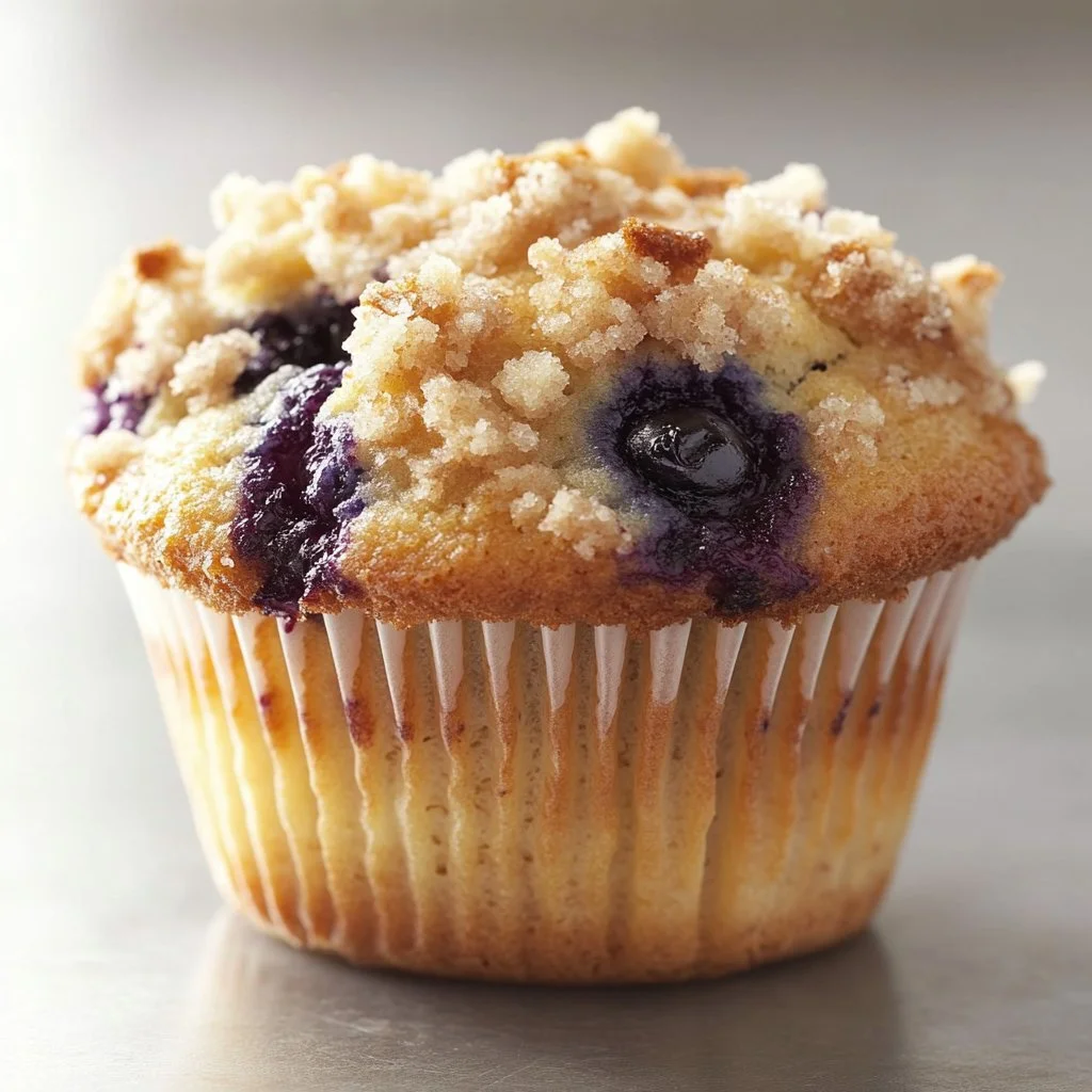 Delicious blueberry muffins fresh out of the oven, topped with plump blueberries.