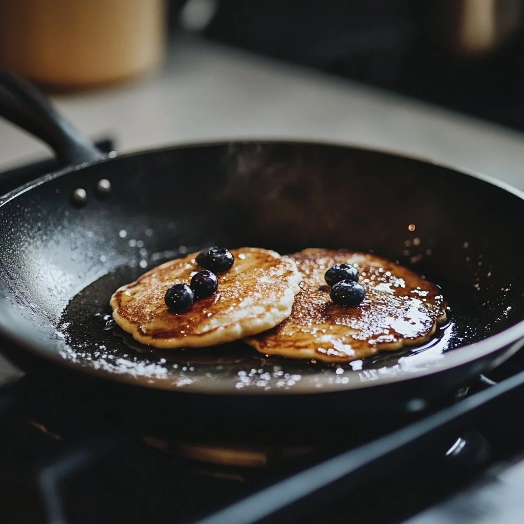 Fluffy blueberry pancakes topped with fresh blueberries and syrup