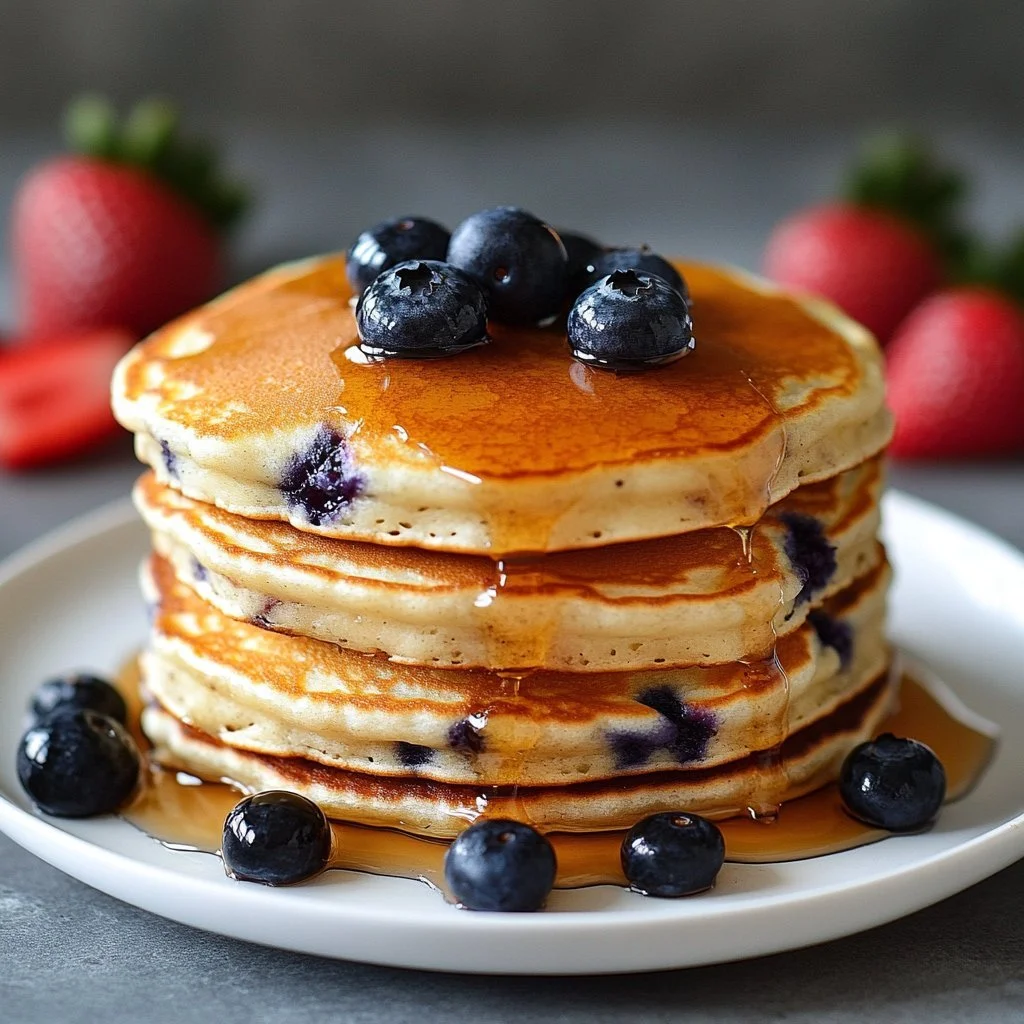 Delicious blueberry pancakes topped with fresh blueberries and syrup