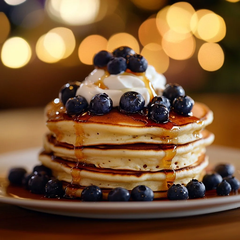 Fluffy blueberry pancakes topped with fresh blueberries and syrup