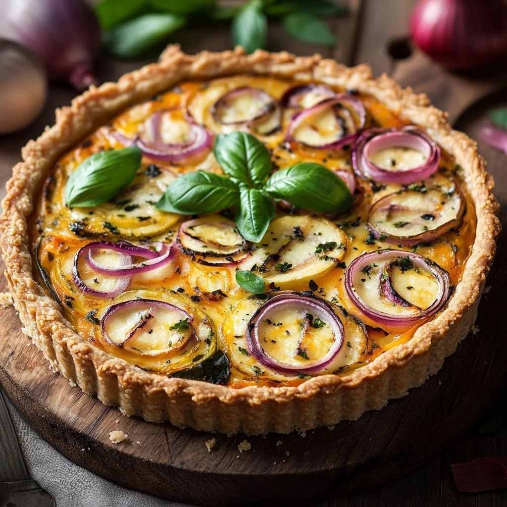 Cauliflower and red onion quiche, a delicious vegetarian dish, sliced and served.