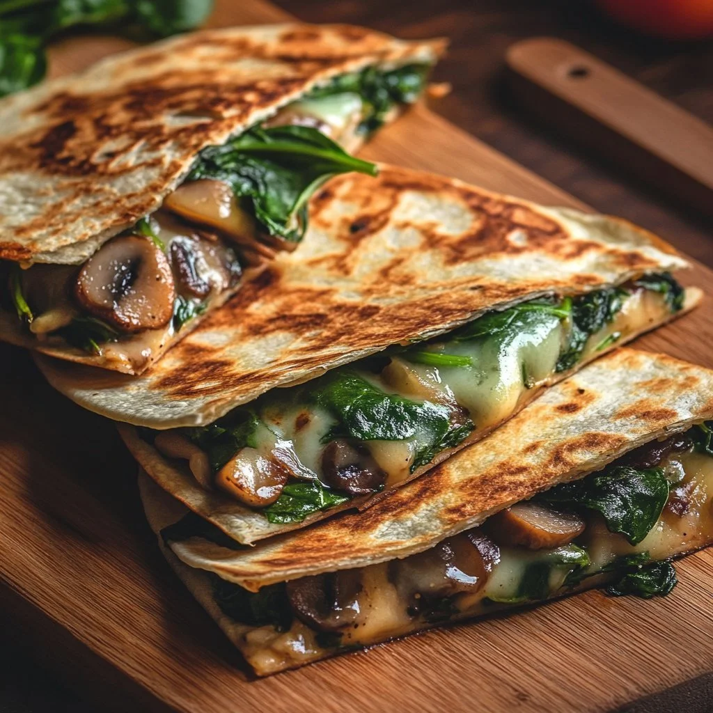 Cheese, spinach, and mushroom quesadillas served on a plate