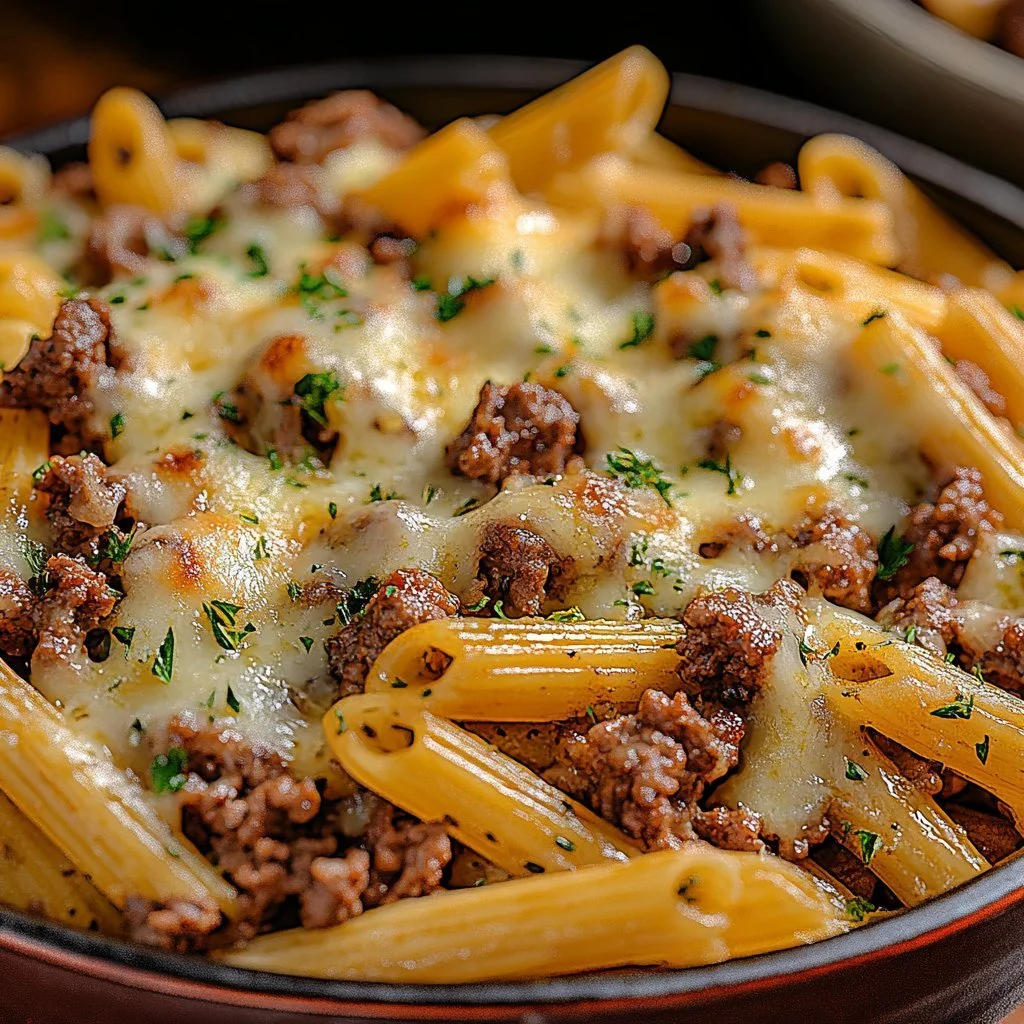 Delicious Cheesy Beef Penne Pasta served in a bowl with melted cheese topping.