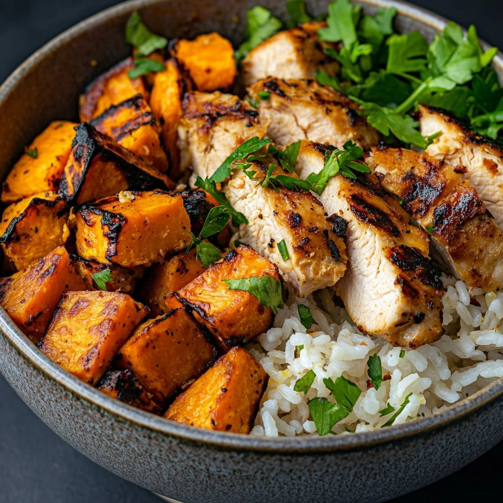 Healthy chicken and sweet potato rice bowl recipe