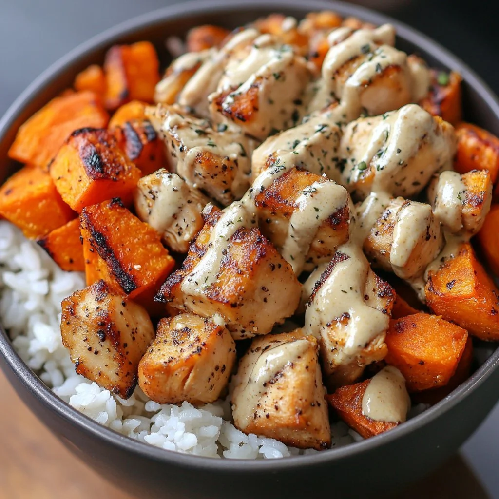 Healthy Chicken and Sweet Potato Rice Bowl topped with fresh vegetables