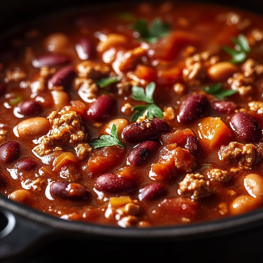Bowl of spicy beef chili garnished with herbs and served with cornbread