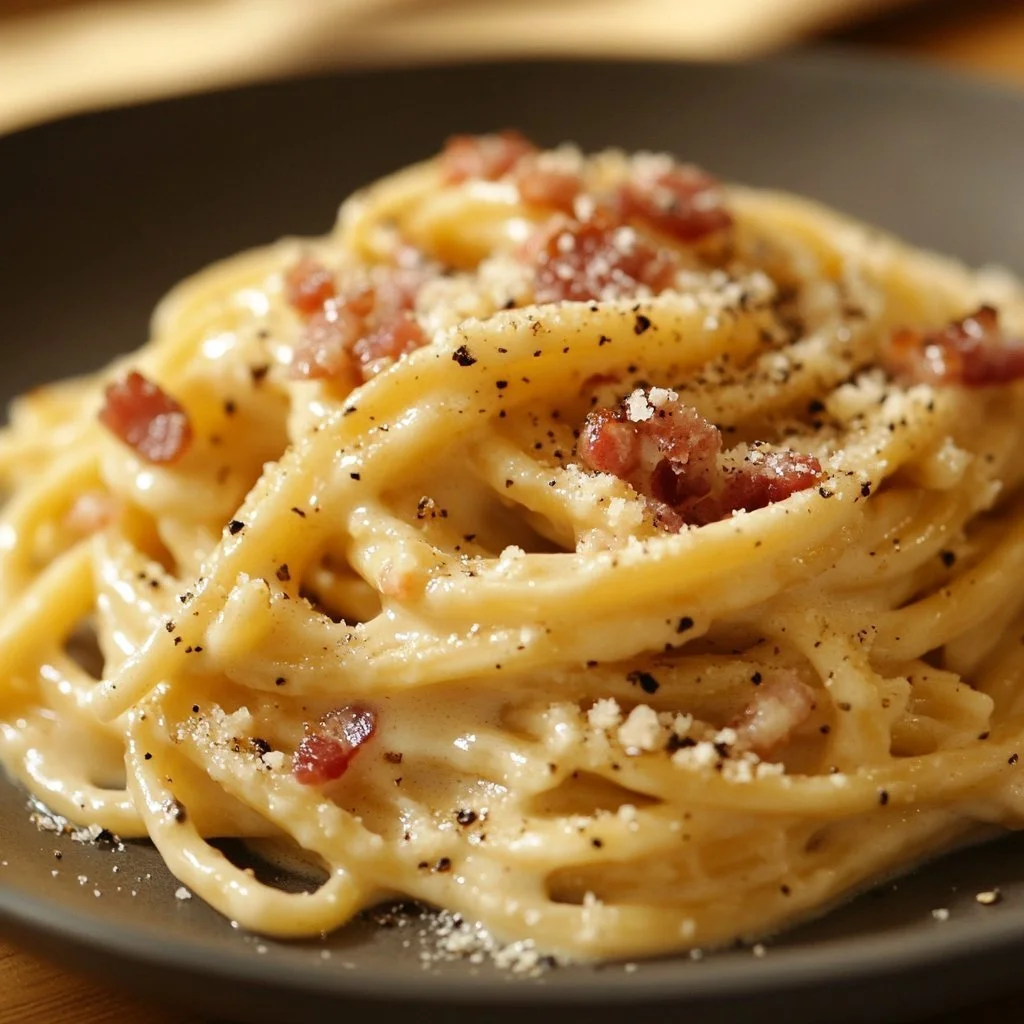 Classic Italian Carbonara with bacon, featuring spaghetti and creamy sauce.