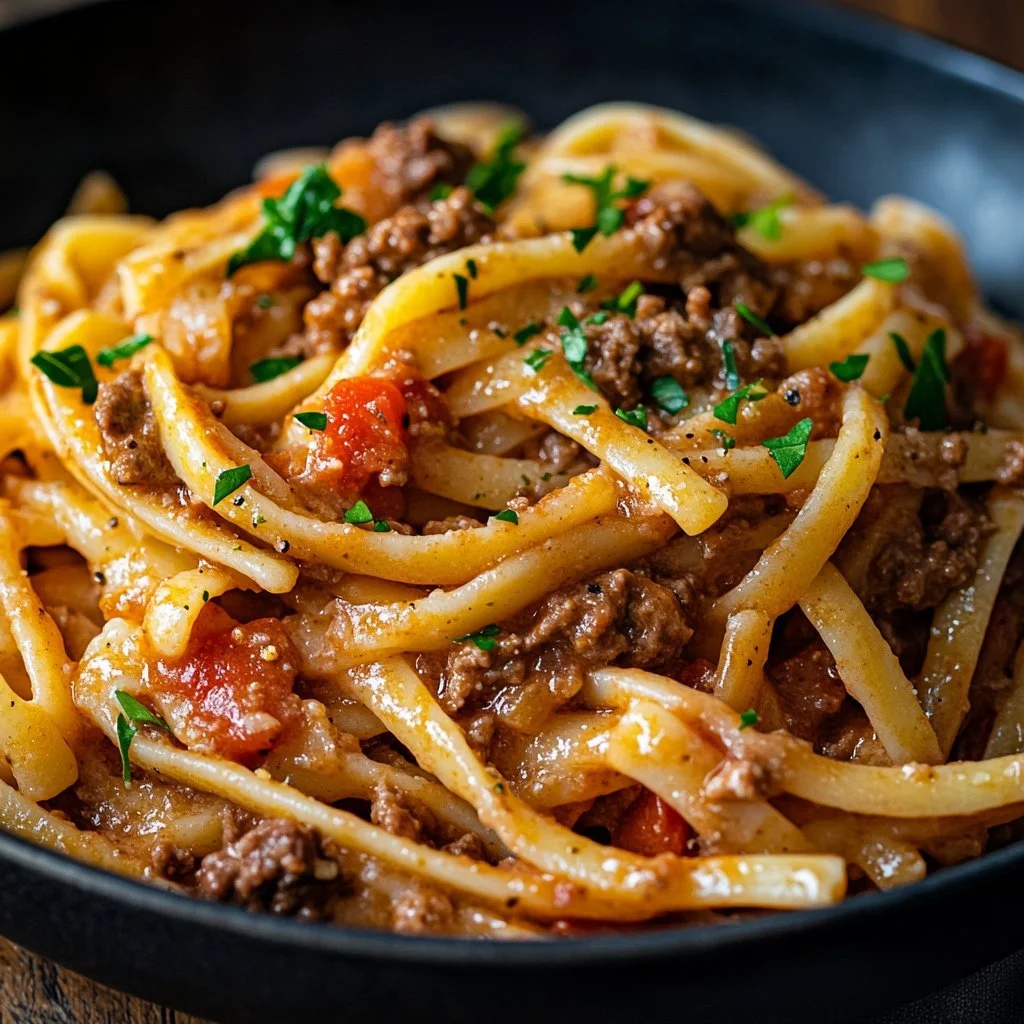 Plate of creamy beef pasta garnished with parsley and pepper