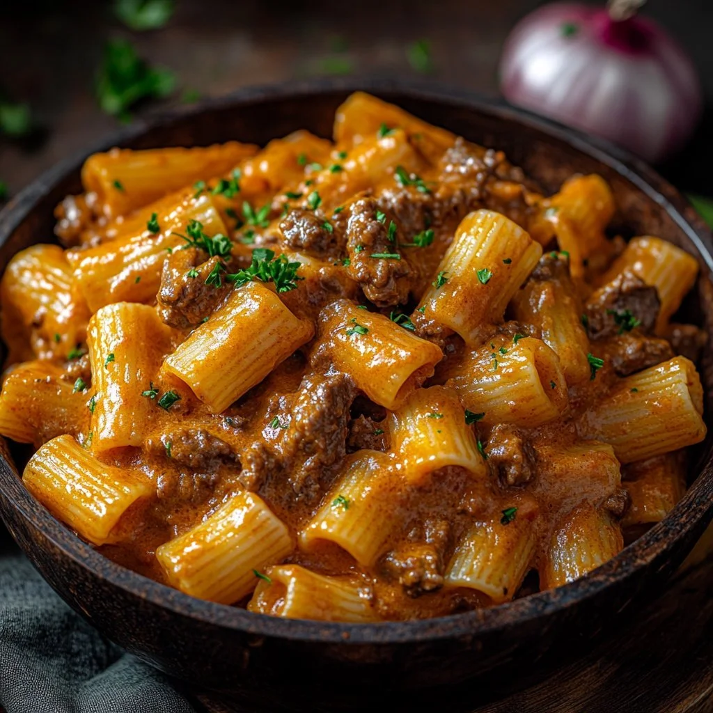 Delicious creamy beef pasta topped with fresh herbs and cheese.