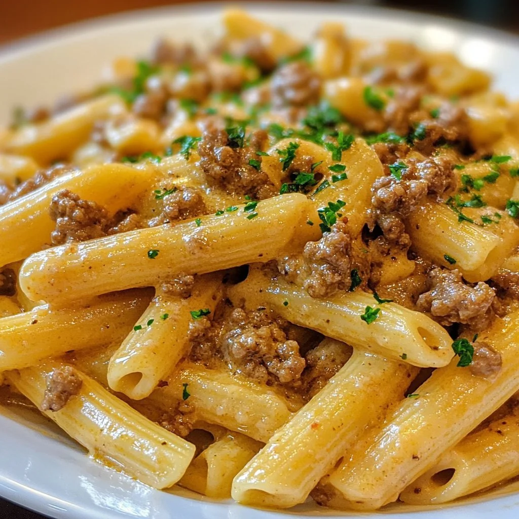 Plate of creamy cheesy penne with garlic butter minced beef