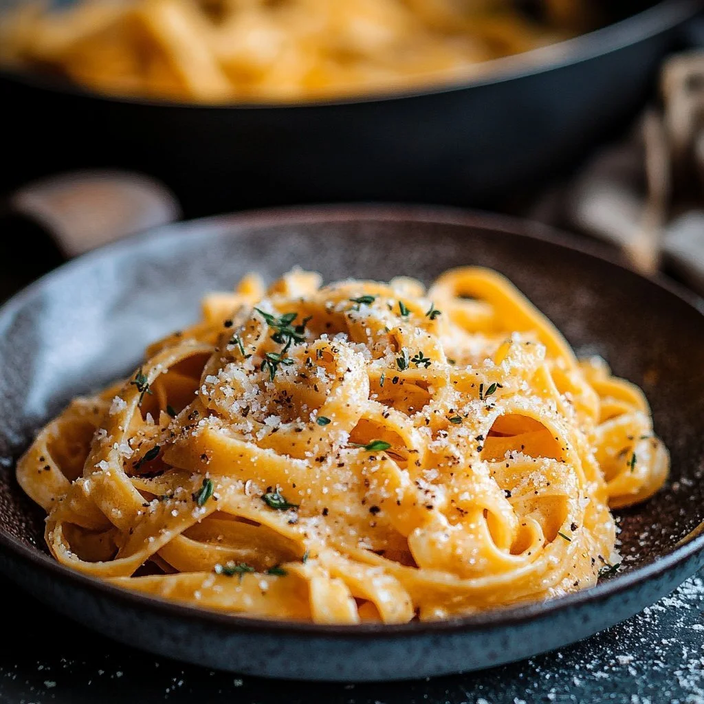 Creamy garlic oil pasta garnished with parsley in a bowl