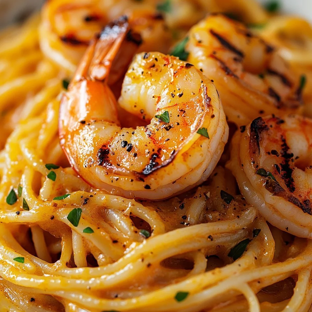 Delicious creamy linguine with prawns in a rich sauce served in a bowl