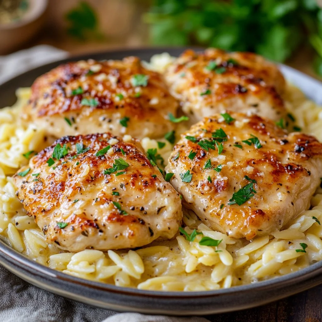 Creamy Parmesan Chicken served with orzo pasta in a stylish bowl
