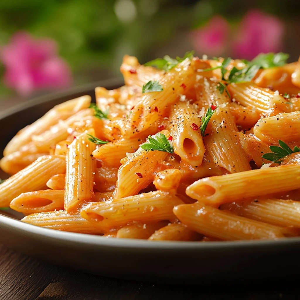 Creamy penne pasta dish with a rich sauce and fresh ingredients