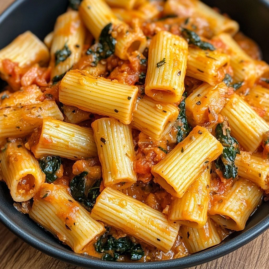 Creamy rigatoni pasta served with sausages and spinach in a rich sauce