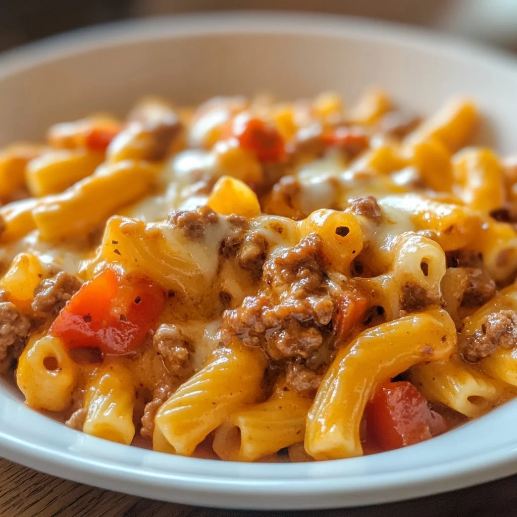 Creamy Rotel pasta dish with minced beef served in a bowl
