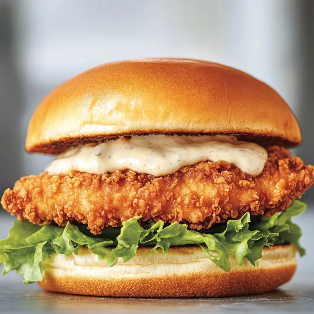 Crispy Chicken Caesar Sandwich with lettuce and dressing on a rustic bun