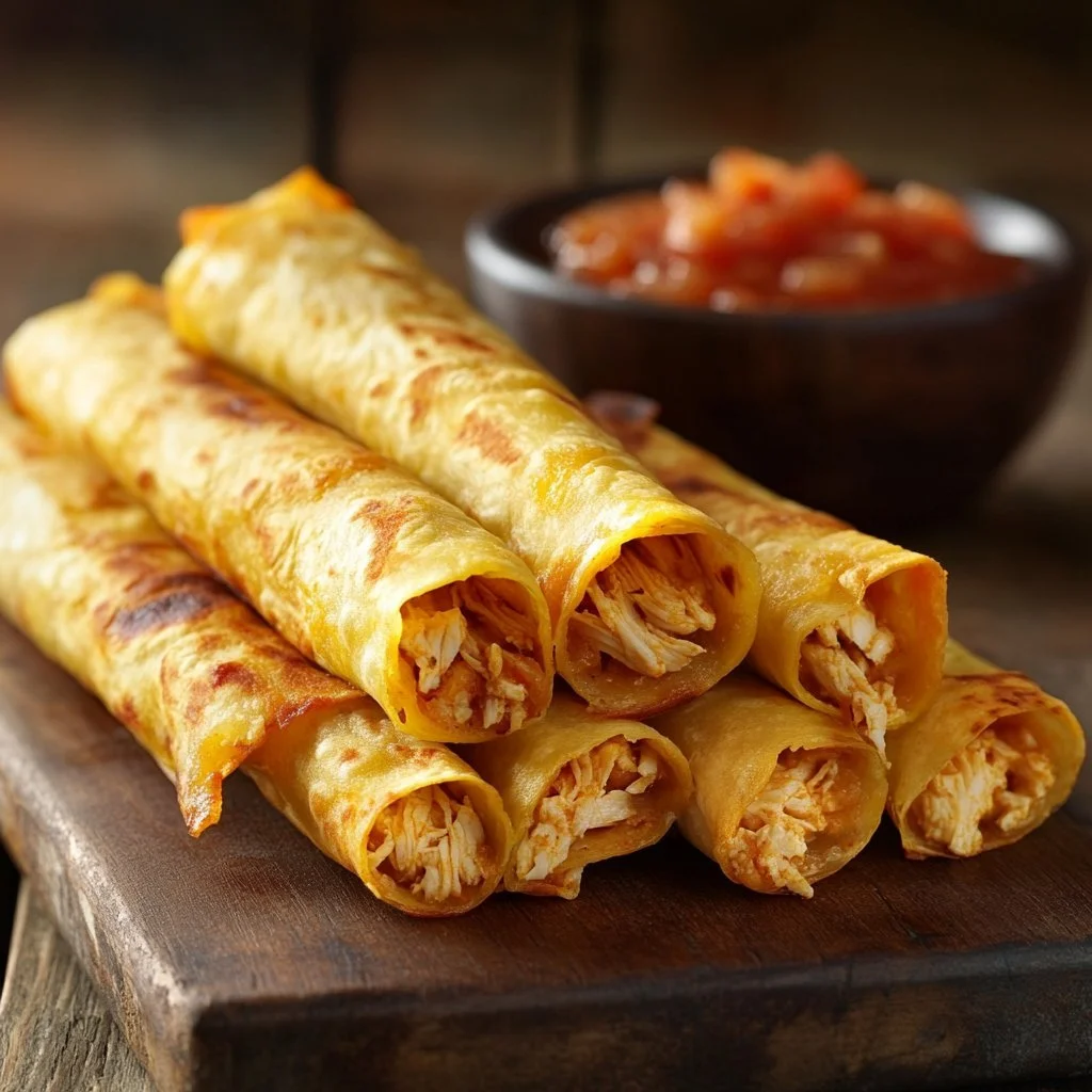 Plate of crispy chicken taquitos garnished with salsa and cilantro