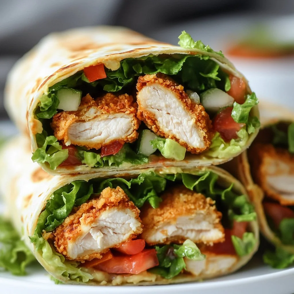 Crispy chicken wrap filled with fresh ingredients and served on a plate