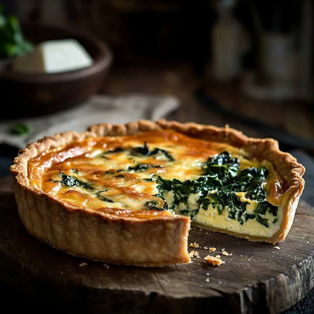 Slice of crustless quiche with ricotta and spinach on a plate