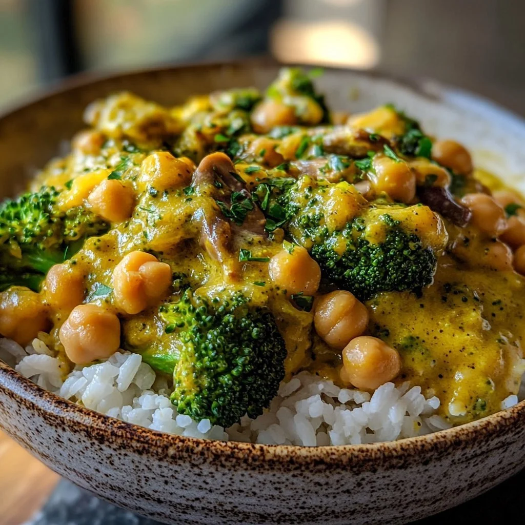 Curry of broccoli, chickpeas, and mushrooms cooked in coconut milk.