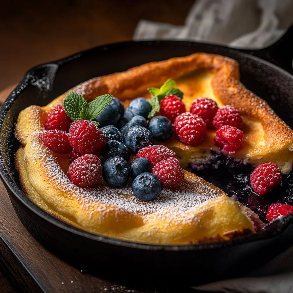 Fluffy Dutch Baby pancake served with fresh fruits and powdered sugar.