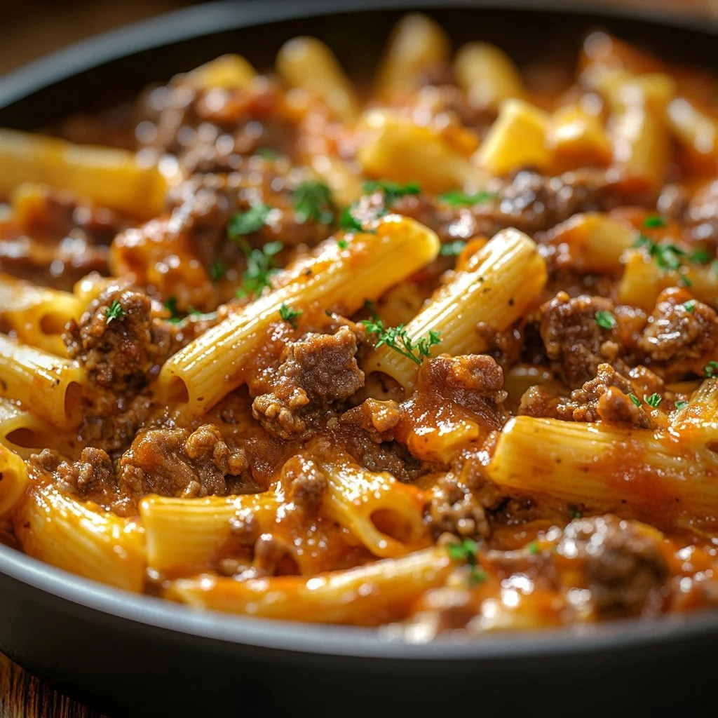 A plate of easy cheesy beef penne pasta with melted cheese and herbs.